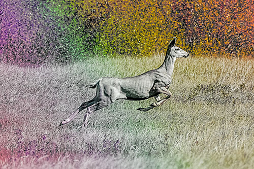 Leaping Mule Deer Running Across Grassland (Rainbow Tint)