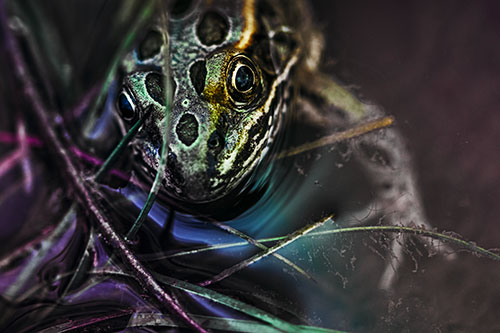 Leopard Frog Stares Among Shoreline Water (Rainbow Tint)