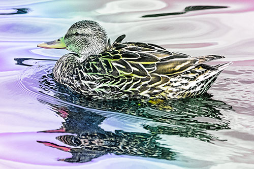 Mallard Duck Floats Among Swirling Water (Rainbow Tint)