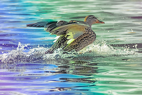 Mallard Duck Makes Splash Landing Atop Lake (Rainbow Tint)