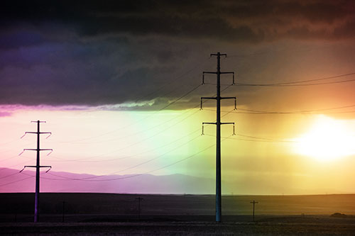 Mountain Rainstorm Sunset Beyond Powerlines (Rainbow Tint Photo)