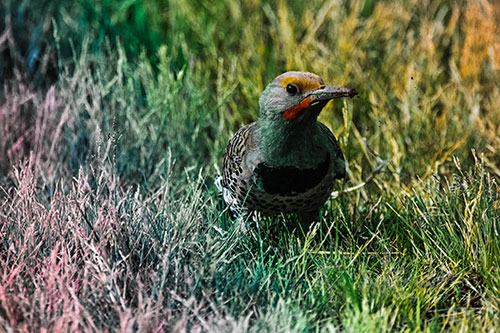 Northern Flicker Woodpecker Digging Up Dirt (Rainbow Tint)