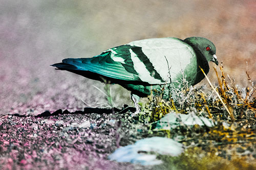 Observant Pigeon Scouring Among Dead Plants (Rainbow Tint)