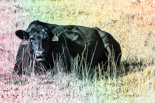Open Mouthed Cow Resting On Grass (Rainbow Tint Photo)