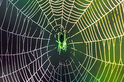 Orb Weaver Spider Rests Among Web Center (Rainbow Tint Photo)