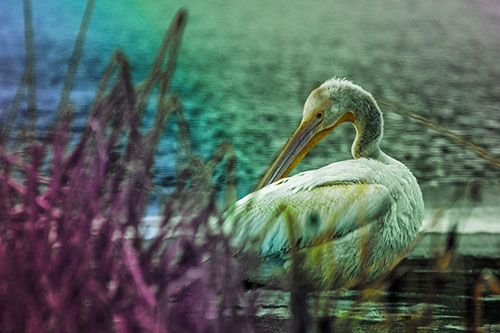 Pelican Grooming Beyond Water Reed Grass (Rainbow Tint Photo)