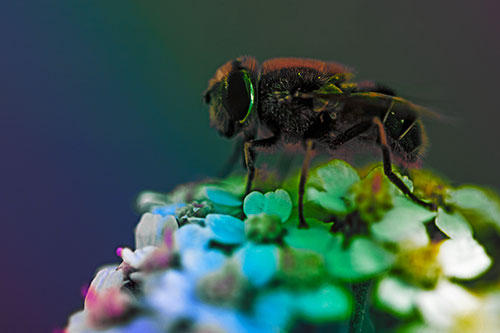 Pollen Covered Hoverfly Standing Atop Flower Petals (Rainbow Tint Photo)