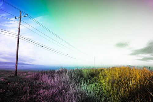 Powerlines Descend Among Foggy Prairie (Rainbow Tint Photo)
