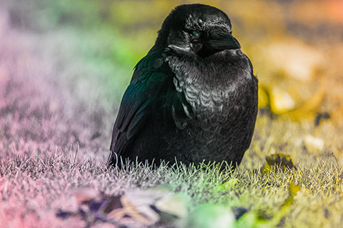Puffy Crow Standing Guard Among Leaf Covered Grass (Rainbow Tint Photo)