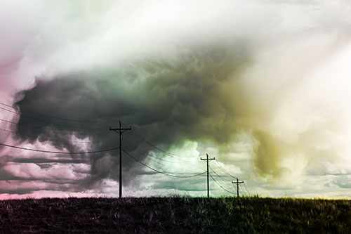 Rainstorm Clouds Twirl Beyond Powerlines (Rainbow Tint Photo)