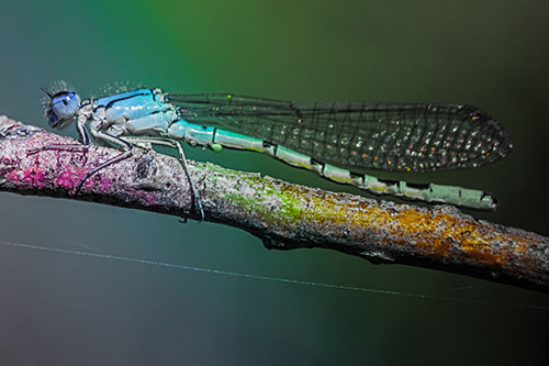 Resting Damselfly Spread Across Branch (Rainbow Tint)