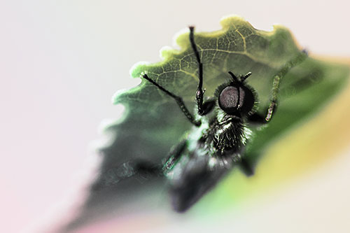 Resting March Fly Seeks Shade Beneath Leaf Petal (Rainbow Tint)