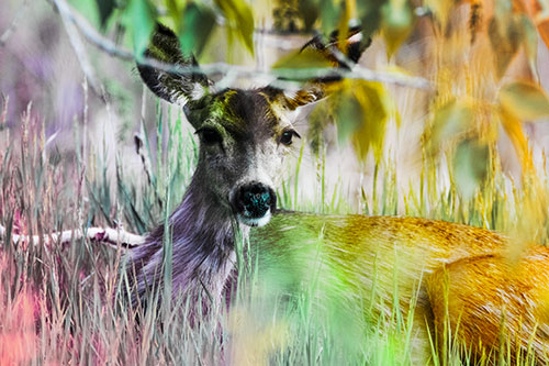 Resting White Tailed Deer Watches Surroundings (Rainbow Tint Photo)
