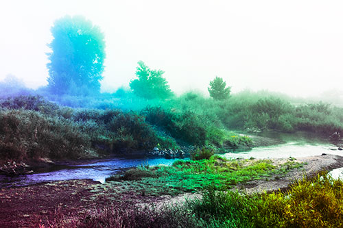 River Flowing Along Foggy Vegetation (Rainbow Tint Photo)