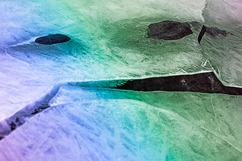Rock Face Emerges Among Cracked Frozen Ice (Rainbow Tint)