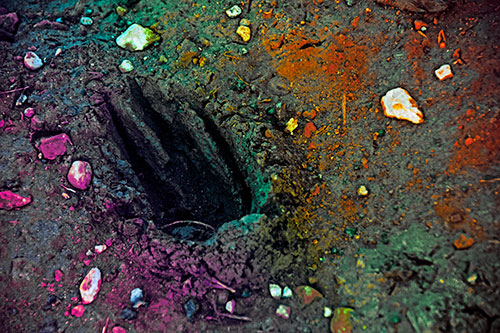Rocks Surround Deep Mud Paw Footprint (Rainbow Tint Photo)