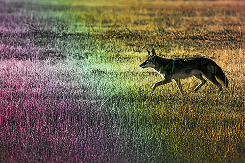 Running Coyote Hunting Among Grass Prairie (Rainbow Tint Photo)