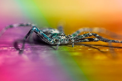 Running Crab Spider Resting Among Bench (Rainbow Tint)