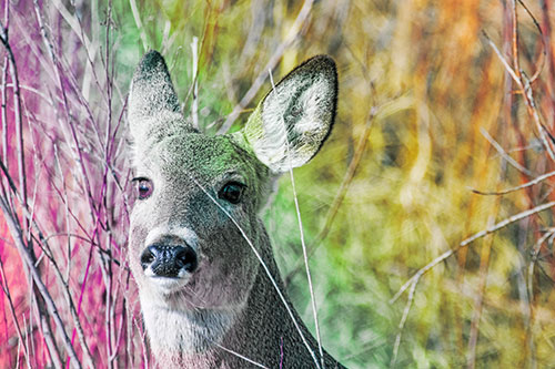 Scared White Tailed Deer Among Branches (Rainbow Tint Photo)