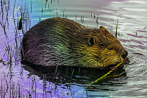 Sitting Beaver Nibbles Branch Along Shallow Rivershore (Rainbow Tint)