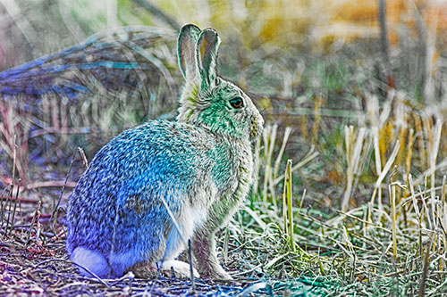 Sitting Bunny Rabbit Among Broken Plant Stems (Rainbow Tint Photo)