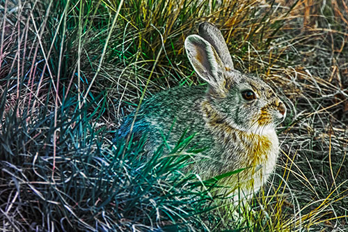 Sitting Bunny Rabbit Enjoying Sunrise Among Grass (Rainbow Tint Photo)