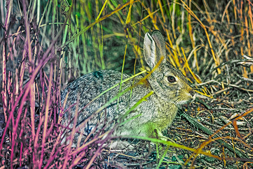 Sitting Bunny Rabbit Enjoying Sunshine Among Sticks (Rainbow Tint)