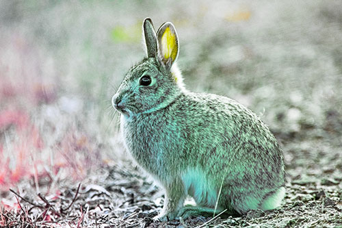 Sitting Bunny Rabbit Perched Beside Grass Blade (Rainbow Tint Photo)