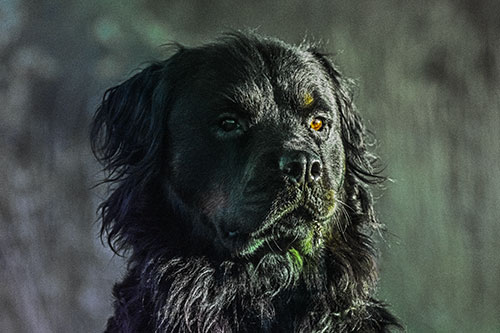 Sitting Rottweiler Dog Poses Among Sunrise (Rainbow Tint)