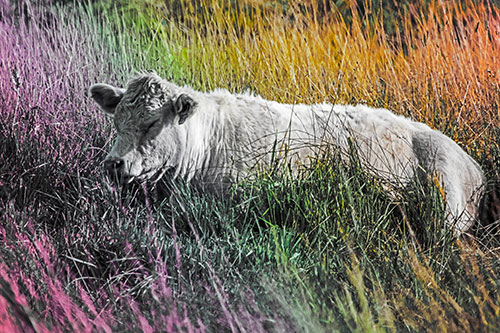 Sleeping Cow Resting Among Grass (Rainbow Tint Photo)
