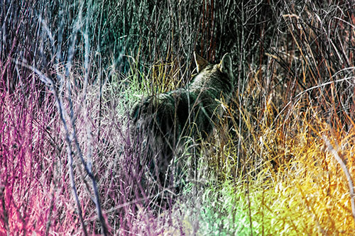 Sneaking Coyote Hunting Through Trees (Rainbow Tint Photo)