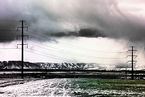 Snowstorm Brews Beyond Powerlines (Rainbow Tint Photo)