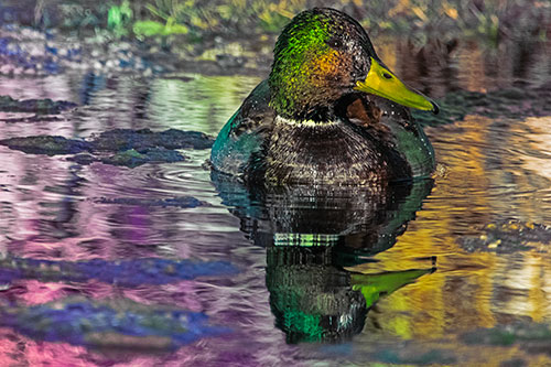 Soaked Mallard Duck Casts Pond Water Reflection (Rainbow Tint Photo)