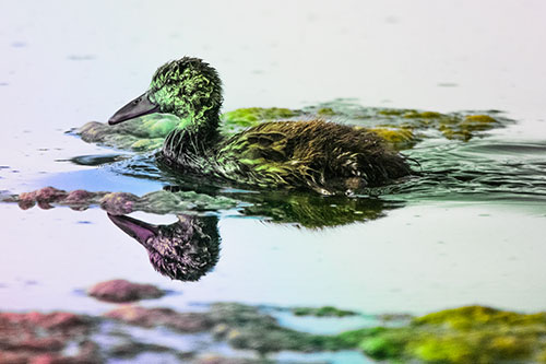 Soaked Mallard Duckling Swimming Past Algae (Rainbow Tint)