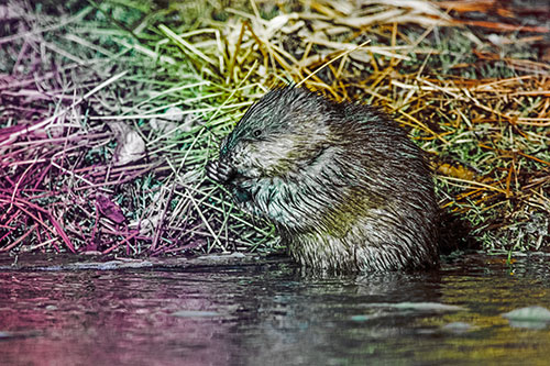 Soaked Muskrat Nibbles Grass Along River Shore (Rainbow Tint Photo)