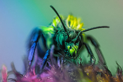 Soaking Wet Honey Bee Standing Atop Blanket Flower (Rainbow Tint)