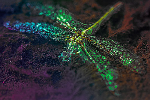 Soggy Dead Dragonfly Floating Atop Algae (Rainbow Tint Photo)
