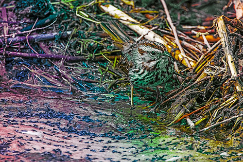 Song Sparrow Peeking Around Sticks (Rainbow Tint Photo)