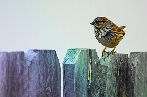 Song Sparrow Standing Atop Wooden Fence (Rainbow Tint Photo)