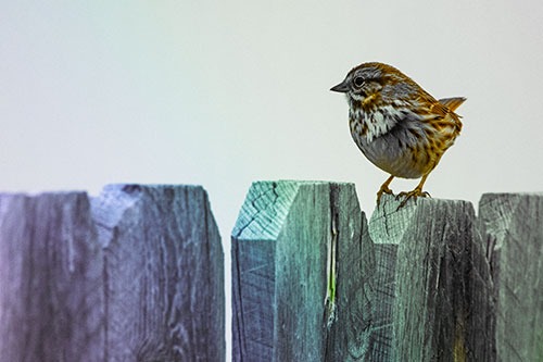 Song Sparrow Standing Atop Wooden Fence (Rainbow Tint)
