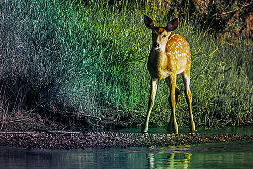 Spotted White Tailed Deer Standing Along River Shoreline (Rainbow Tint Photo)