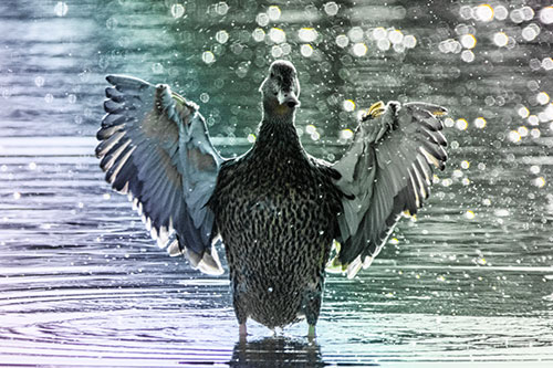Standing Mallard Duck Flapping Wings Among Shore (Rainbow Tint)