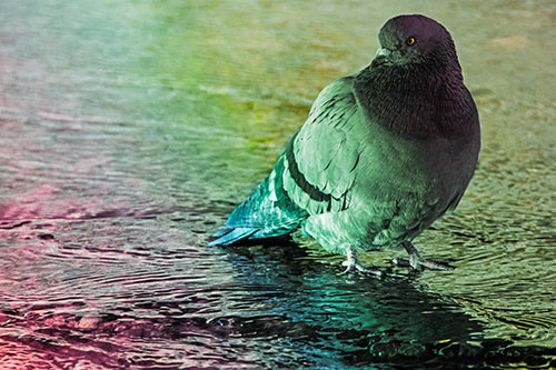 Standing Pigeon Gandering Atop River Water (Rainbow Tint Photo)