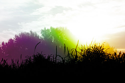 Sun Rises Beyond Fog Filled Treeline (Rainbow Tint Photo)