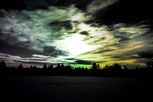 Sun Vortex Illuminates Clouds Above Dark Lit Lake (Rainbow Tint Photo)