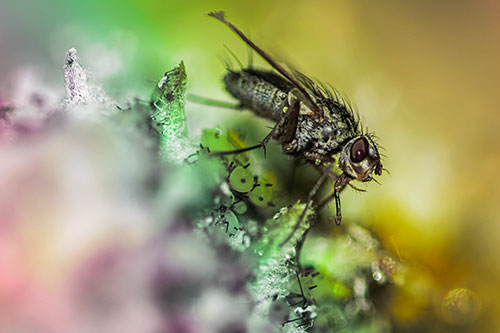 Tachinid Fly Terrorizing Aphids Among Milkweed Pod (Rainbow Tint)