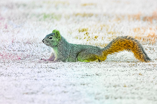 Tail Wagging Squirrel Sitting Among Dead Grass (Rainbow Tint)