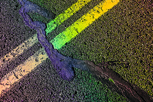 Tar Creeping Over Sidewalk Pavement Lane Marks (Rainbow Tint Photo)