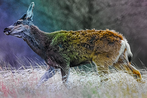 Tense Faced Mule Deer Wanders Among Blowing Grass (Rainbow Tint Photo)