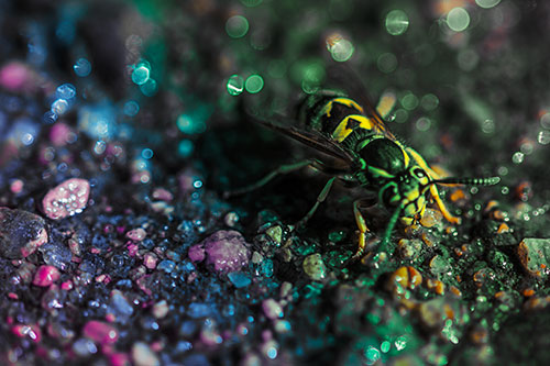 Thirsty Yellowjacket Wasp Among Soaked Sparkling Rocks (Rainbow Tint Photo)